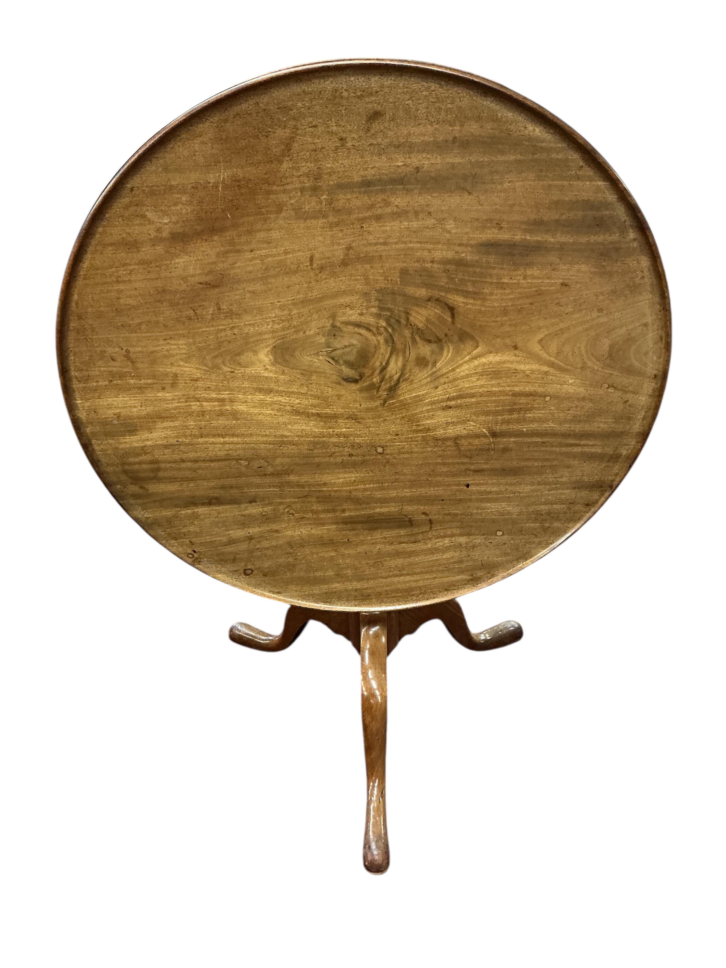 A George III circular mahogany tilt top tripod birdcage tea table, diameter 79cm, height 69cm